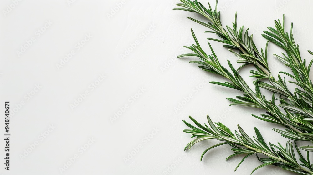 Bunch of rosemary sprigs placed diagonally on a clean, white surface to emphasize the simplicity and beauty of the herb Bunch of rosemary sprigs placed diagonally on a clean, white surface to emphasize the simplicity and beauty of the herb
