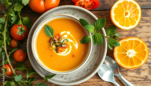 Yellow Tomato Gazpacho Spanish summer cold soup with fresh vegetables