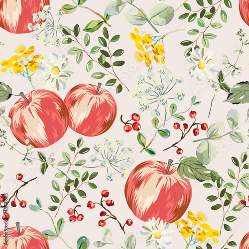 Autumn apples, daisy, yellow flowers, red berries, green leaves, beige background. Vector seamless pattern. Fall season illustration. Meadow and garden plants. Nature design