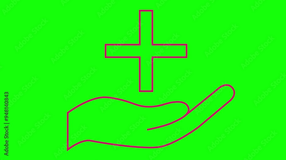Animated magenta icon of hand with medical cross. Linear pink symbol is drawn. Concept of pharmacy, hospital, ambulance, medicine. Looped video. Vector illustration isolated on green background. Animated magenta icon of hand with medical cross. Linear pink symbol is drawn. Concept of pharmacy, hospital, ambulance, medicine. Looped video. Vector illustration isolated on green background.