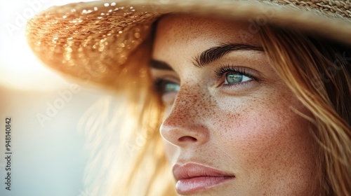 Close-up portrait of a woman with striking freckles and blue eyes, adorned in a straw hat, showcasing natural beauty against a soft, warm background. photo