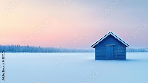 Frozen fishing hut on a lake creating a high contrast and clear silhouette