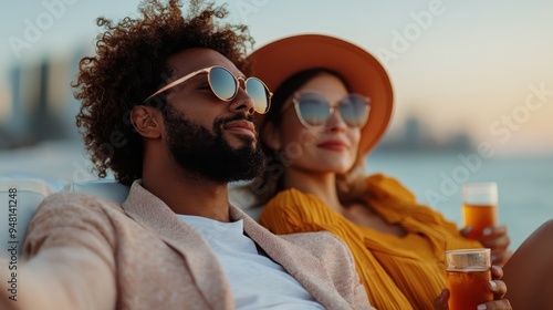 A fashionable couple relaxes with drinks on a yacht during sunset, depicting a scene of leisure, luxury, and contentment with a backdrop of city skyline and warm sunlight.