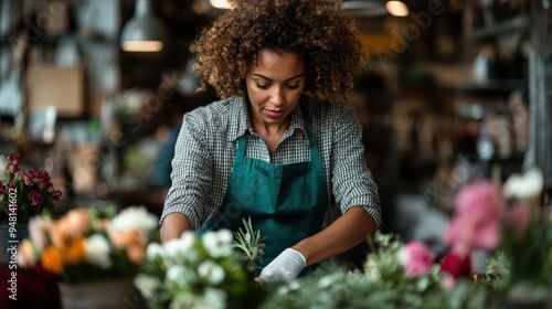 A florist with curly hair wearing a green apron is meticulously arranging flowers on a workbench in a flower shop, showcasing creativity and dedication to her craft. photo