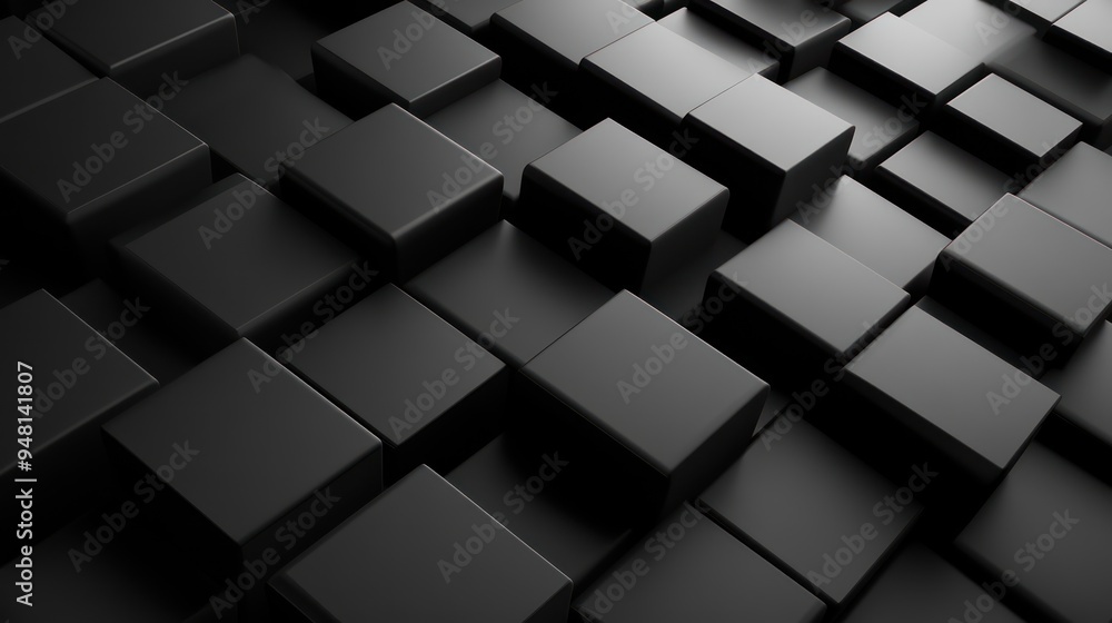 An abstract composition of glossy black cubes forming a dynamic pattern. An abstract composition of glossy black cubes forming a dynamic pattern.