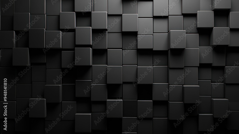 Abstract black cube wall featuring varied dimensions and textures, creating a striking visual effect. Abstract black cube wall featuring varied dimensions and textures, creating a striking visual effect.