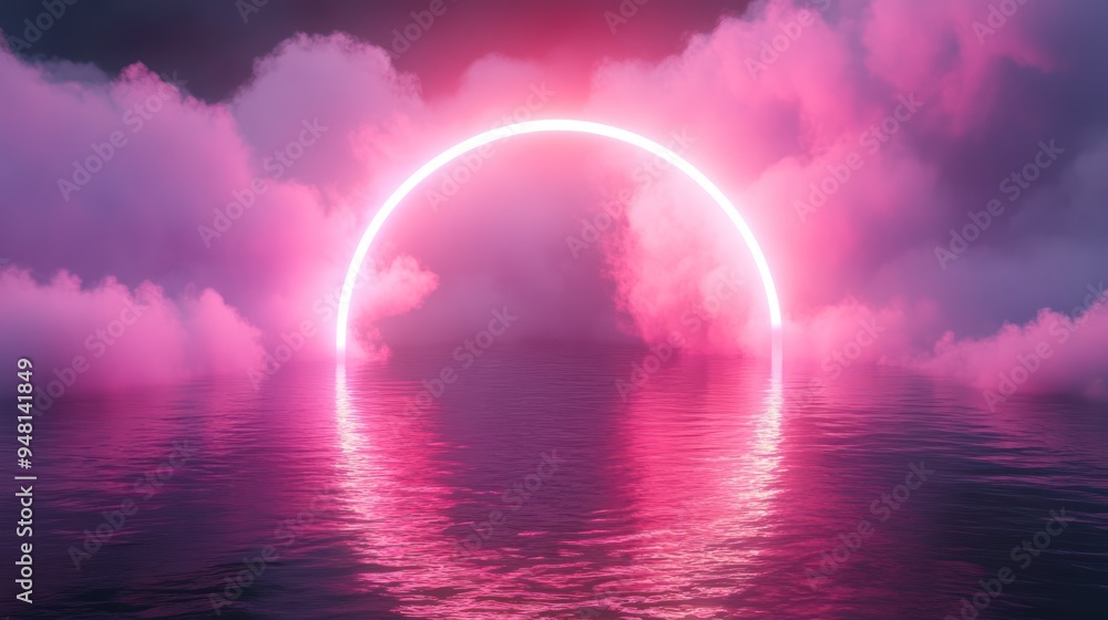 A mesmerizing pink neon arch above a tranquil body of water, surrounded by soft, fluffy clouds, creating a dreamlike atmosphere. A mesmerizing pink neon arch above a tranquil body of water, surrounded by soft, fluffy clouds, creating a dreamlike atmosphere.
