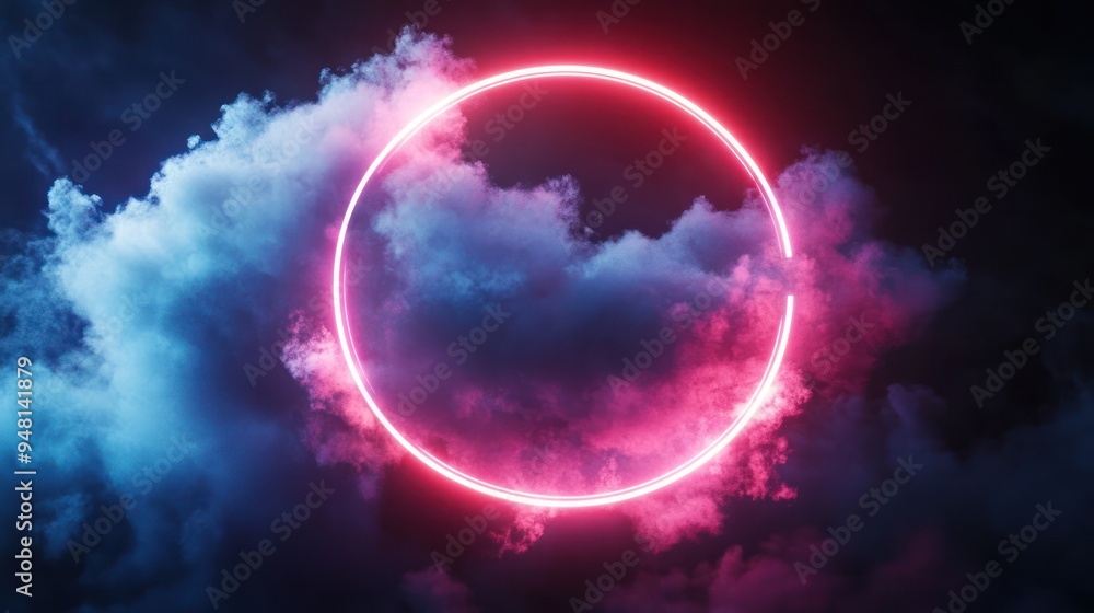 A glowing neon circle surrounded by vibrant pink and blue clouds. A glowing neon circle surrounded by vibrant pink and blue clouds.
