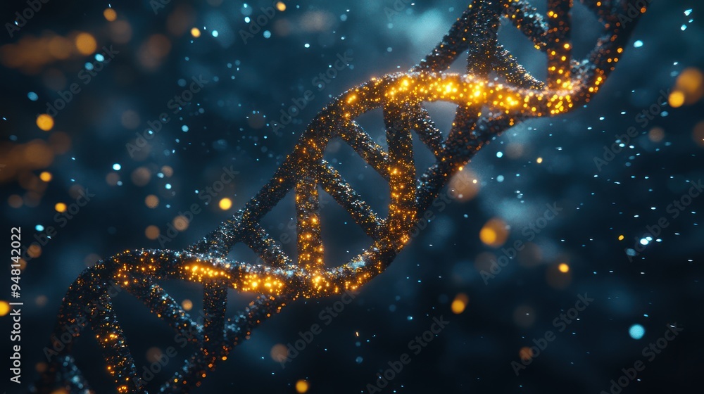 A dazzling visualization of a DNA double helix intertwined with radiant particles and a cosmic background. A dazzling visualization of a DNA double helix intertwined with radiant particles and a cosmic background.