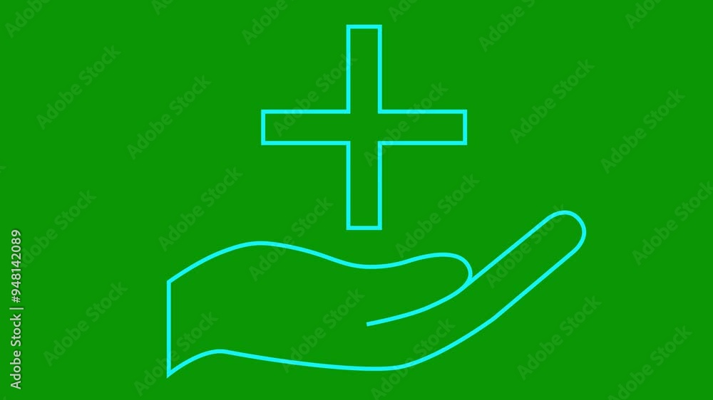 Animated blue icon of hand with medical cross. Linear symbol is drawn. Concept of pharmacy, hospital, ambulance, medicine. Looped video. Vector illustration isolated on green background. Animated blue icon of hand with medical cross. Linear symbol is drawn. Concept of pharmacy, hospital, ambulance, medicine. Looped video. Vector illustration isolated on green background.