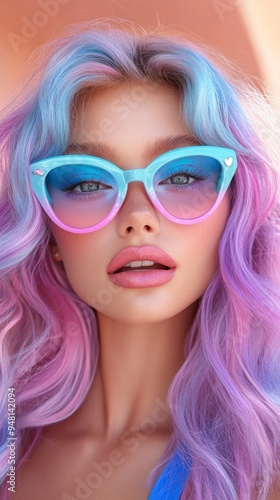 A woman with blue and pink hair and blue sunglasses