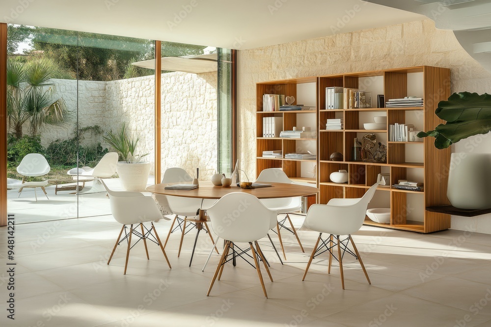 Obraz premium Modern and minimalist design decoration of an empty office with light, wooden furniture and work spaces for employees or staff.