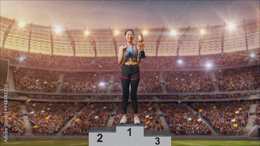 Full Body Of Asian Woman With A Gold Medal Showing Gold Trophy To ...