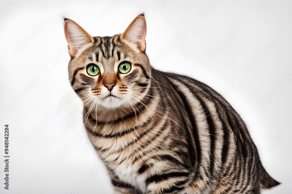 A curious tabby cat with green eyes and a striped coat standing on a white background, AI Generated A curious tabby cat with green eyes and a striped coat standing on a white background, AI Generated