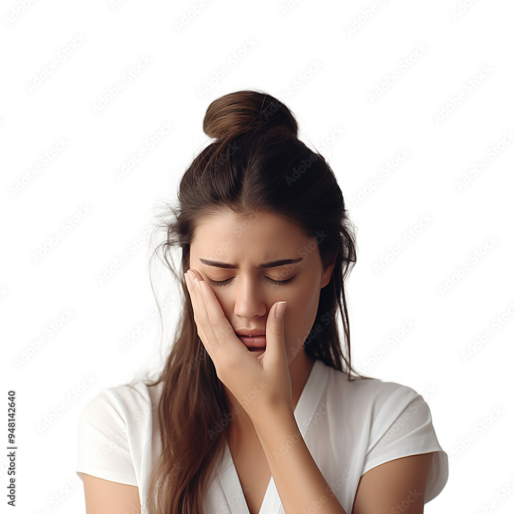 Young woman with a migraine holding her head with hands, eyes closed in discomfort, isolated on transparent background Young woman with a migraine holding her head with hands, eyes closed in discomfort, isolated on transparent background