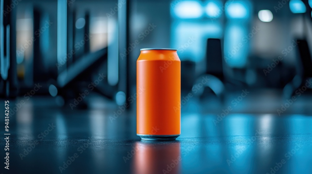 A bright orange can placed on a gym floor, symbolizing hydration and refreshment in a fitness environment. A bright orange can placed on a gym floor, symbolizing hydration and refreshment in a fitness environment.
