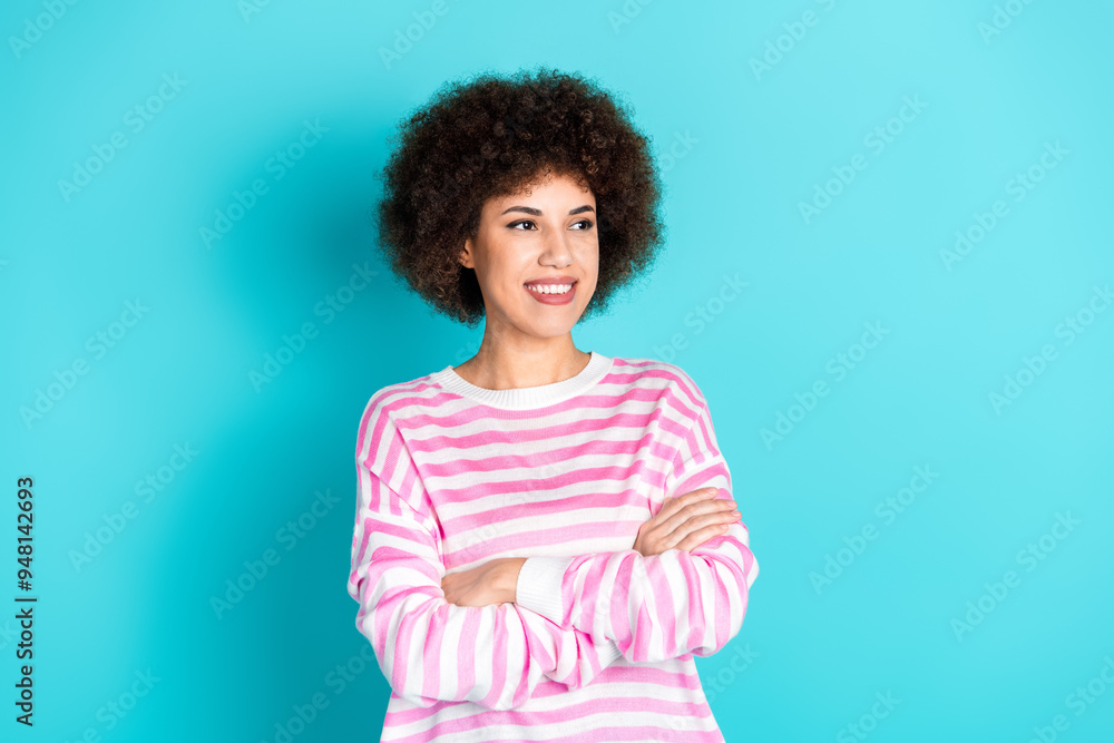 Photo of cheerful pretty lady dressed pink pullover arms crossed looking empty space isolated teal color background Photo of cheerful pretty lady dressed pink pullover arms crossed looking empty space isolated teal color background