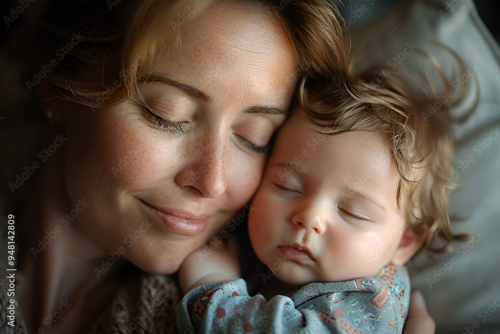 A loving mother carries her newborn baby at home. portrait of a happy mother holding a sleeping baby in her arms. Mother hugs her little 4-month-old daughter A loving mother carries her newborn baby at home. portrait of a happy mother holding a sleeping baby in her arms. Mother hugs her little 4-month-old daughter