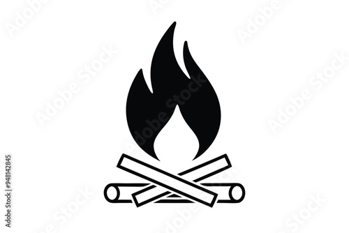 A black and white silhouette of a campfire with two logs crossed at the bottom and a single flame rising from center