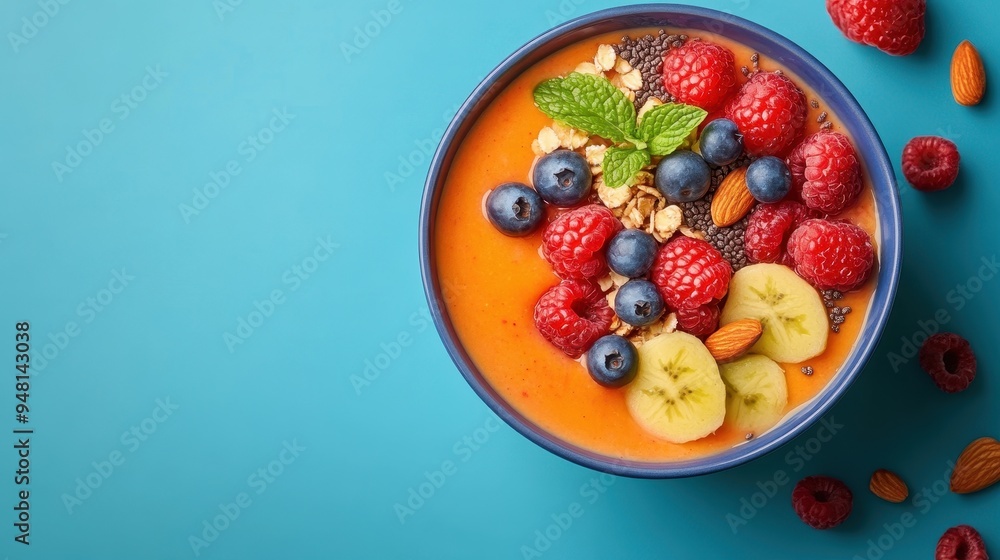 A colorful smoothie bowl topped with fresh raspberries, blueberries, banana slices, and almonds on a vibrant blue background. A colorful smoothie bowl topped with fresh raspberries, blueberries, banana slices, and almonds on a vibrant blue background.