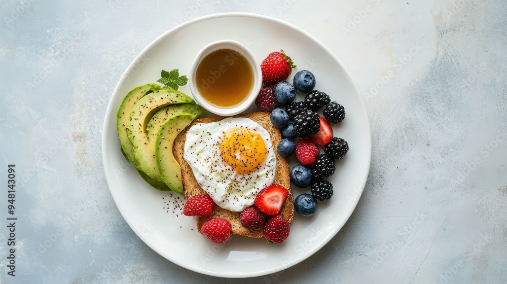 A balanced breakfast featuring whole grain toast, avocado, poached eggs, and fresh berries, served on a minimalist white plate, perfect for a healthy start to the day. A balanced breakfast featuring whole grain toast, avocado, poached eggs, and fresh berries, served on a minimalist white plate, perfect for a healthy start to the day.