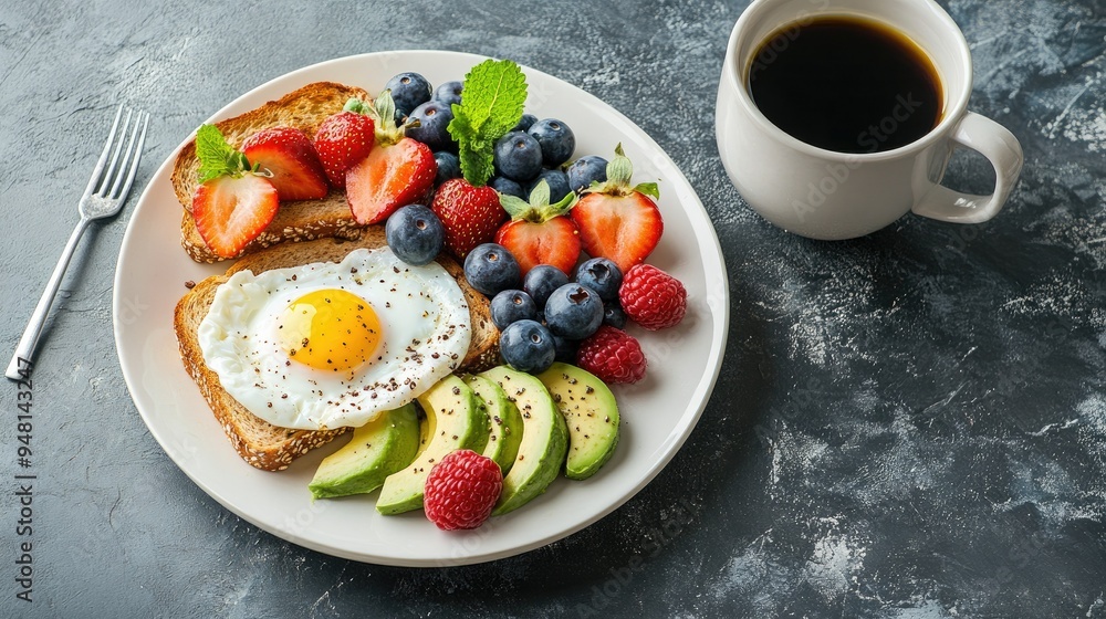 A balanced breakfast featuring whole grain toast, avocado, poached eggs, and fresh berries, served on a minimalist white plate, perfect for a healthy start to the day. A balanced breakfast featuring whole grain toast, avocado, poached eggs, and fresh berries, served on a minimalist white plate, perfect for a healthy start to the day.
