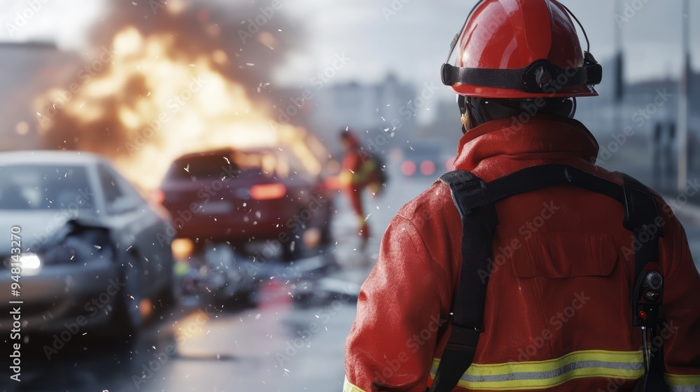 A firefighter in protective gear assesses a fiery car accident scene, showcasing bravery and urgency. A firefighter in protective gear assesses a fiery car accident scene, showcasing bravery and urgency.