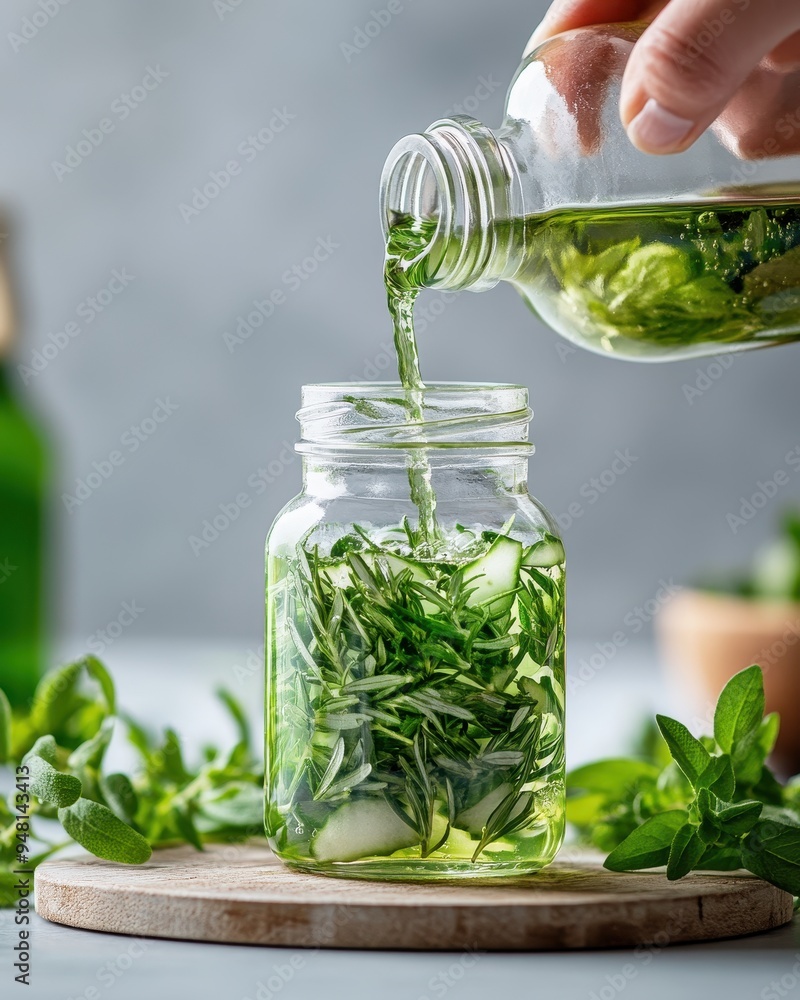 A hand pouring herbal infusion into a clear jar filled with fresh herbs, symbolizing wellness and natural ingredients. A hand pouring herbal infusion into a clear jar filled with fresh herbs, symbolizing wellness and natural ingredients.
