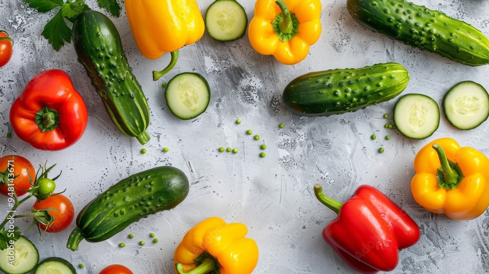 Colorful bell peppers and cucumbers on a light background Colorful bell peppers and cucumbers on a light background