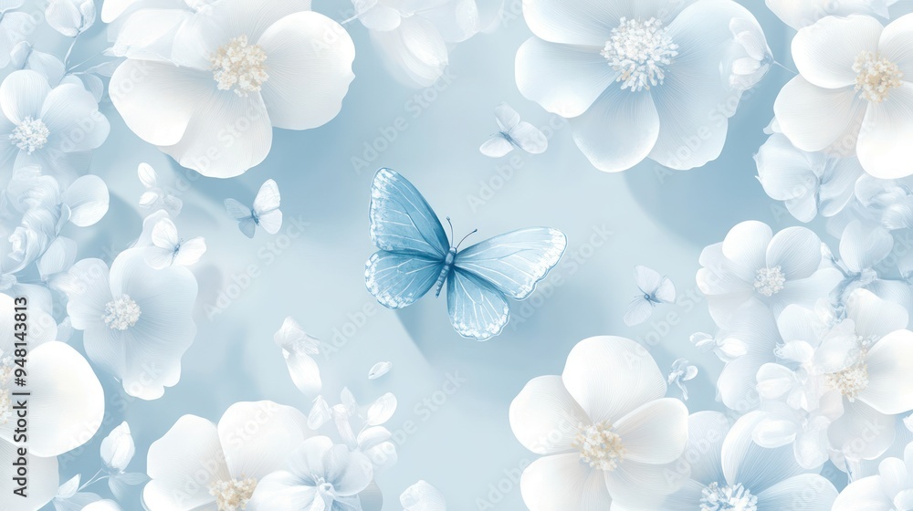 A serene light blue background adorned with white flowers and a delicate blue butterfly, creating a tranquil and dreamy atmosphere. A serene light blue background adorned with white flowers and a delicate blue butterfly, creating a tranquil and dreamy atmosphere.