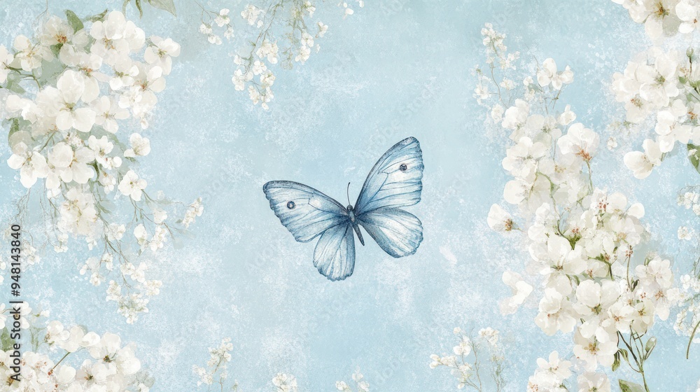 custom made wallpaper toronto digitalA delicate blue butterfly surrounded by white flowers on a soft blue background, creating a serene and uplifting atmosphere.