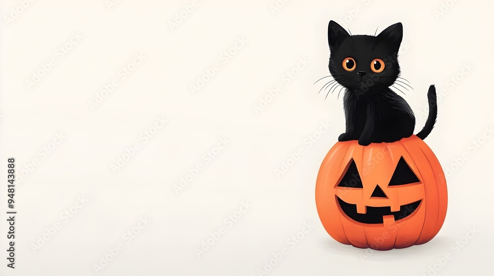 Cute Black Cat Perched on Playful Jack o Lantern Pumpkin for Halloween Cute Black Cat Perched on Playful Jack o Lantern Pumpkin for Halloween