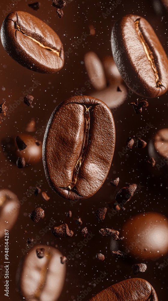 Coffee beans are gracefully falling through the air on a brown background Coffee beans are gracefully falling through the air on a brown background
