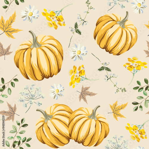 Autumn yellow pumpkins, green leaves, daisy flowers, herbs, beige background. Vector seamless pattern. Fall season illustration. Meadow and garden nature design