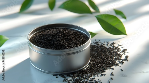 Organic Tea Leaves in Tin Container with Scattered Foliage,3D