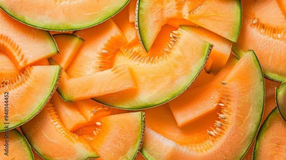 Detailed view of cantaloupe slices with visible seeds and texture, placed on a neutral background to emphasize the fruit's freshness. Detailed view of cantaloupe slices with visible seeds and texture, placed on a neutral background to emphasize the fruit's freshness.