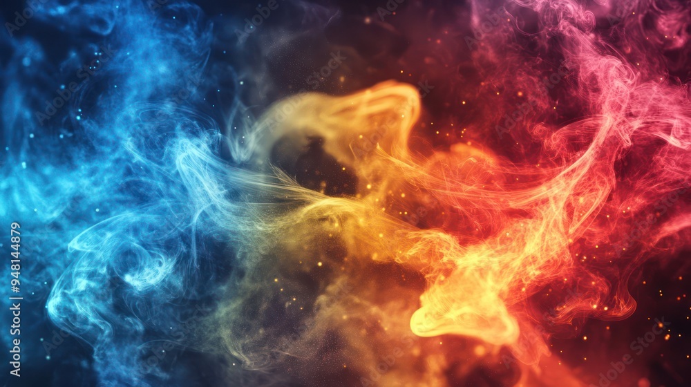 Abstract smoke in blue, orange, and red hues creates a vibrant and dynamic visual flow. Abstract smoke in blue, orange, and red hues creates a vibrant and dynamic visual flow.
