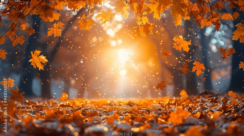 Autumn Landscape. Fall Scene.Trees and Leaves in Sunlight Rays Autumn Landscape. Fall Scene.Trees and Leaves in Sunlight Rays
