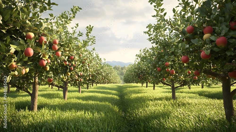 Fototapeta premium Lush Organic Apple Orchard with Ripe Fruit in Autumn Landscape