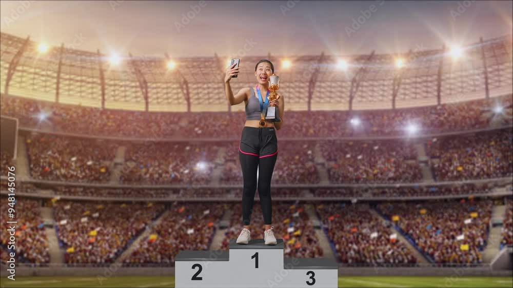 Full Body Of Asian Woman With A Gold Medal Holding A Gold Trophy And ...