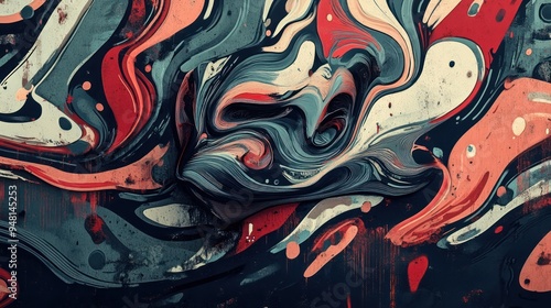 Abstract swirling patterns in vibrant reds, blues, and whites create an eye-catching visual texture.