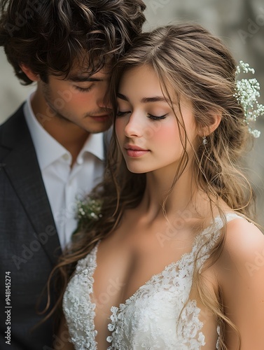  Timeless Romance: Bride and Groom in Elegant Wedding Portrait with Floral Details