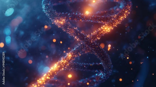 A vibrant and intricate representation of a DNA double helix, illuminated with glowing particles in shades of blue and orange.