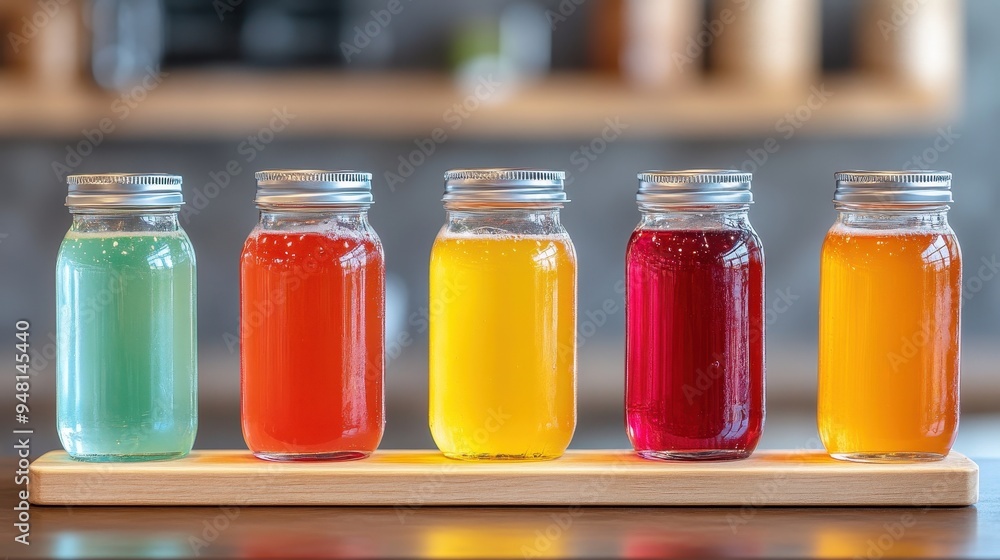 A vibrant display of colorful drinks in jars, showcasing refreshing flavors and enticing hues on a wooden stand. A vibrant display of colorful drinks in jars, showcasing refreshing flavors and enticing hues on a wooden stand.