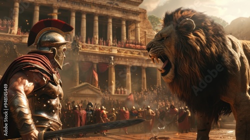 A fierce gladiator prepares for battle against a roaring lion in a historic arena with a cheering crowd photo