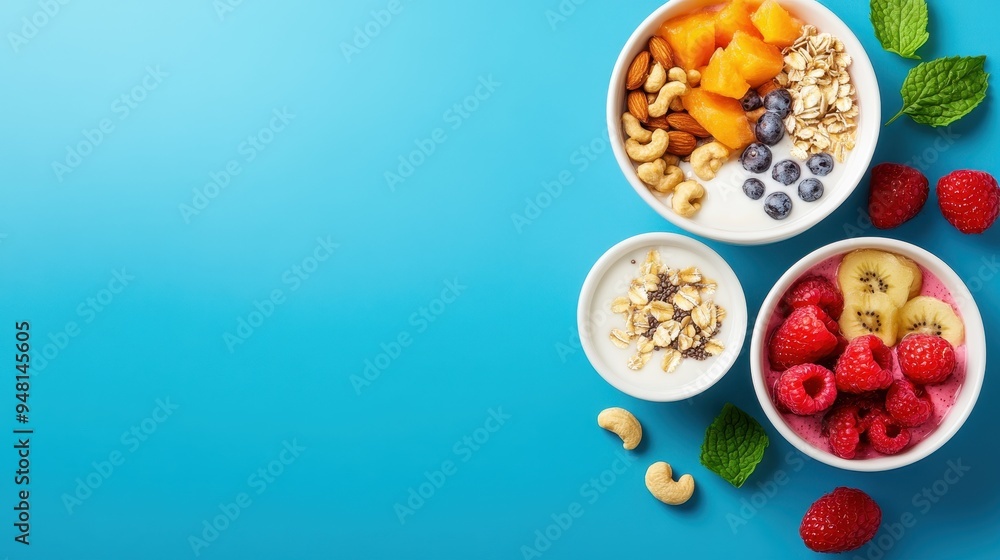 A vibrant display of healthy snacks including yogurt, fruits, and nuts on a bright blue background. Perfect for wellness themes. A vibrant display of healthy snacks including yogurt, fruits, and nuts on a bright blue background. Perfect for wellness themes.