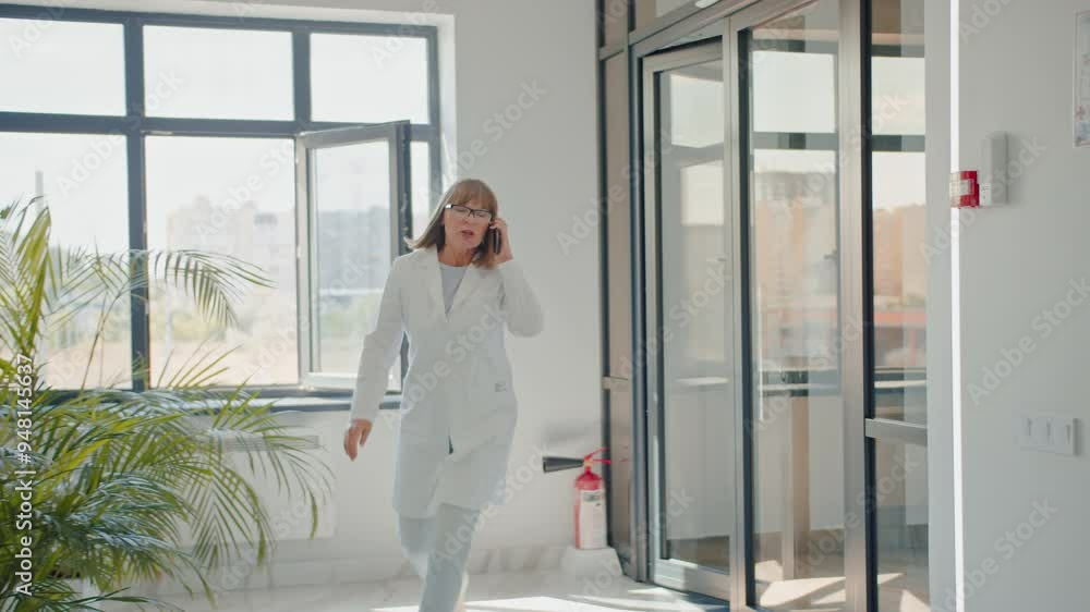 Rushing female doctor finishing call and running by corridor