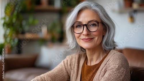 Smiling middle aged mature grey haired woman looking at camera happy old lady in glasses posing at home indoor positive single senior retired female sitting on sofa in living room headshot portrait.