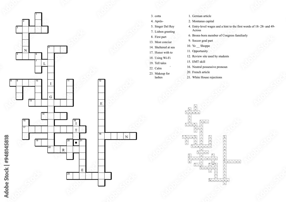 Obraz premium Crossword puzzle game with clues and solution.