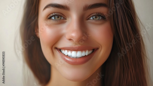 Big bright white smile headshot with a beautiful brunette woman sincere happy cheerful positive expression.